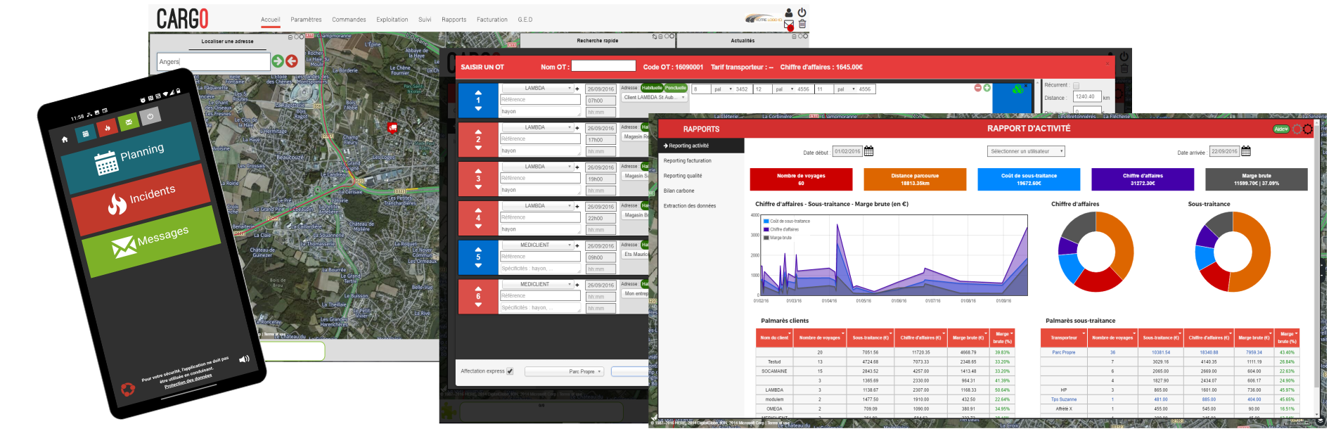 Écrans du logiciel transport Cargo-TMS et de son application mobile conducteurs