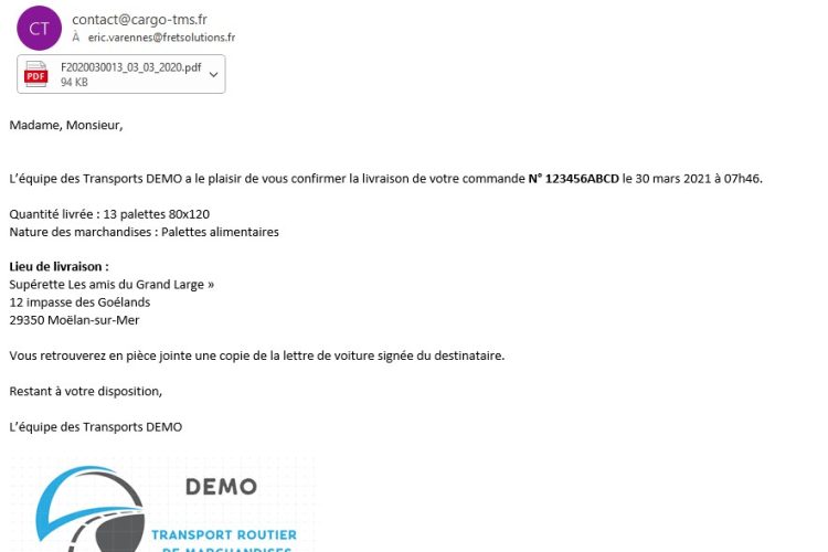 Exemple de notification par email envoyée lors d'une livraison par le logiciel transport Cargo-TMS