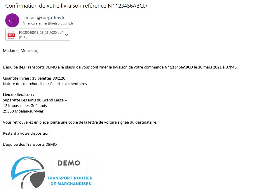 Exemple de notification par email envoyée lors d'une livraison par le logiciel transport Cargo-TMS