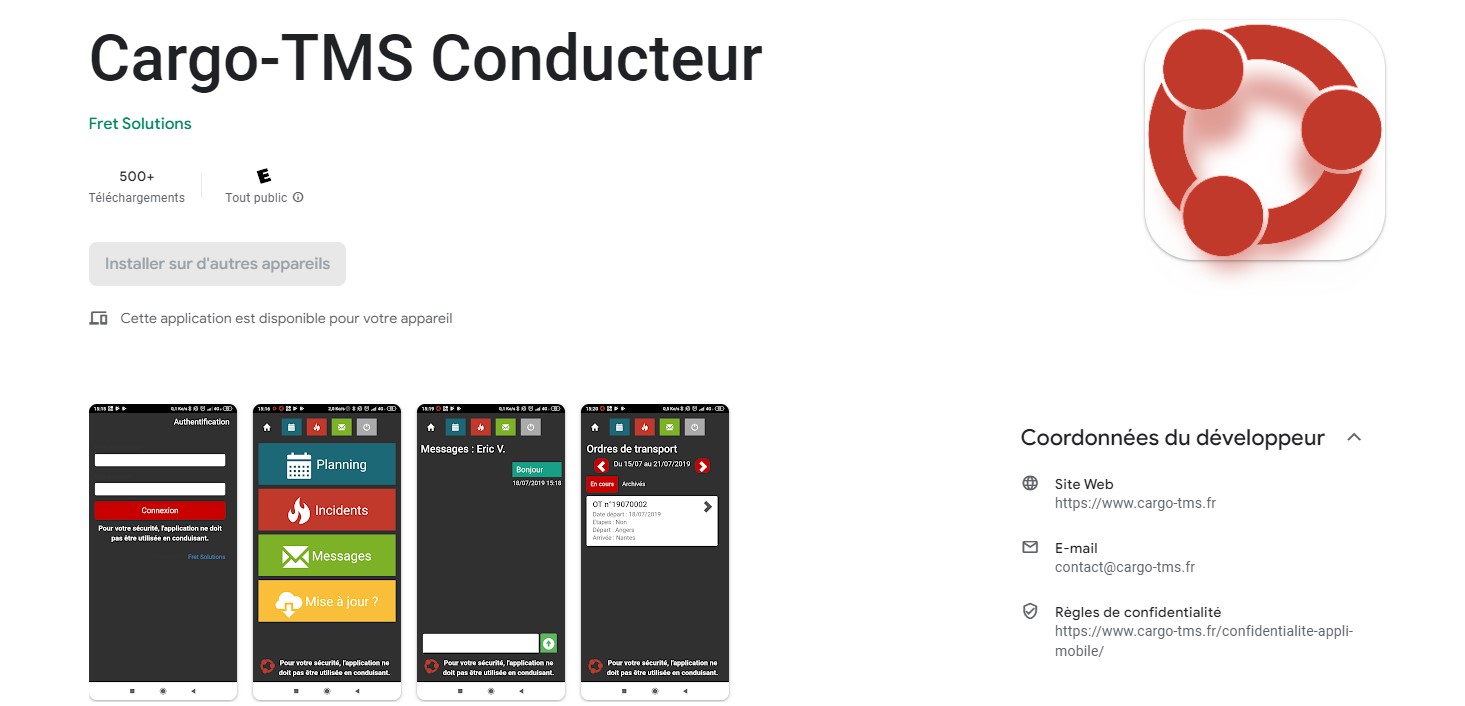 L'applicattion mobile Android Cargo-TMS conducteurs sur Google Store